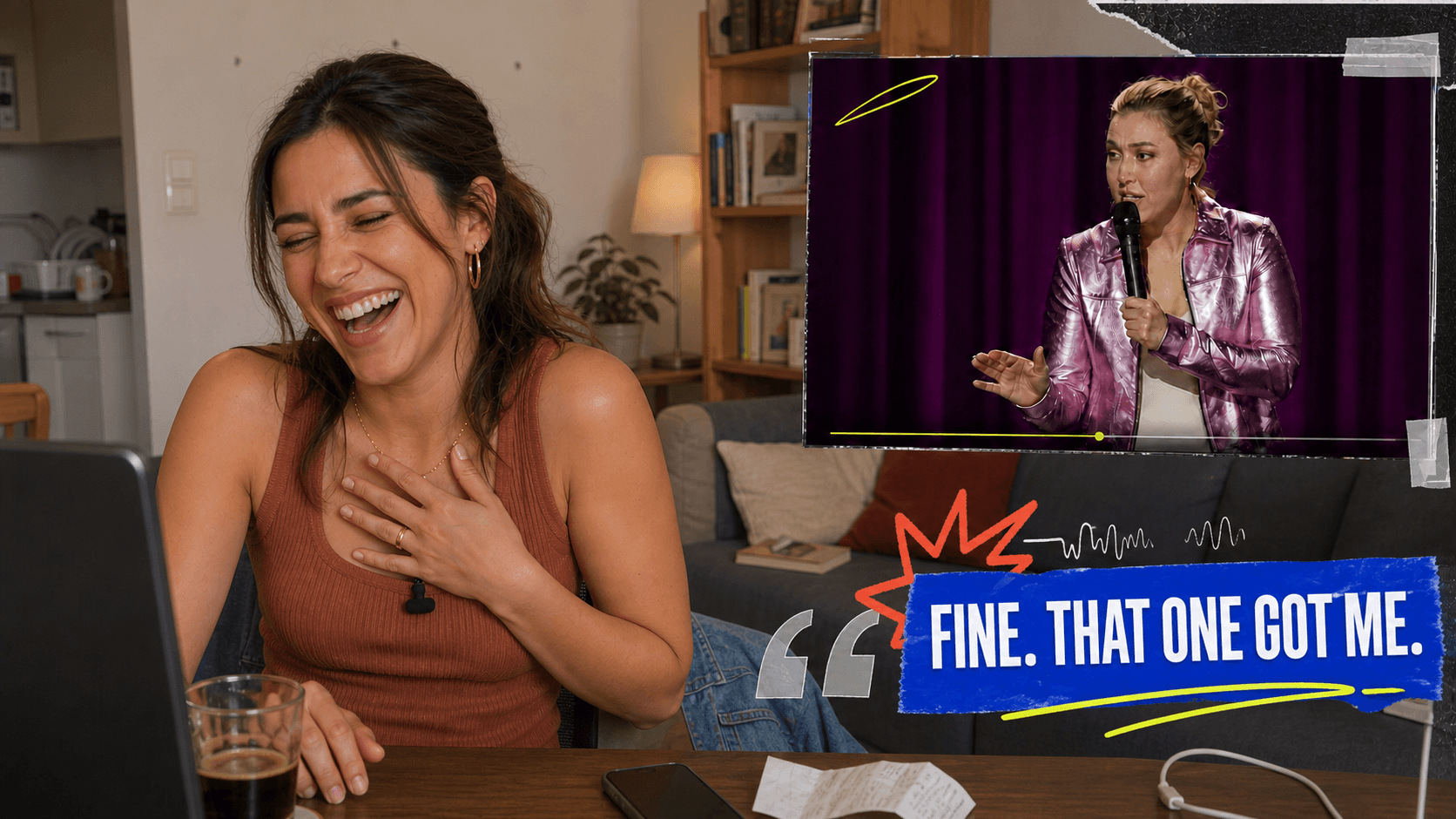 Two creators laughing while reacting to a live comedy performance