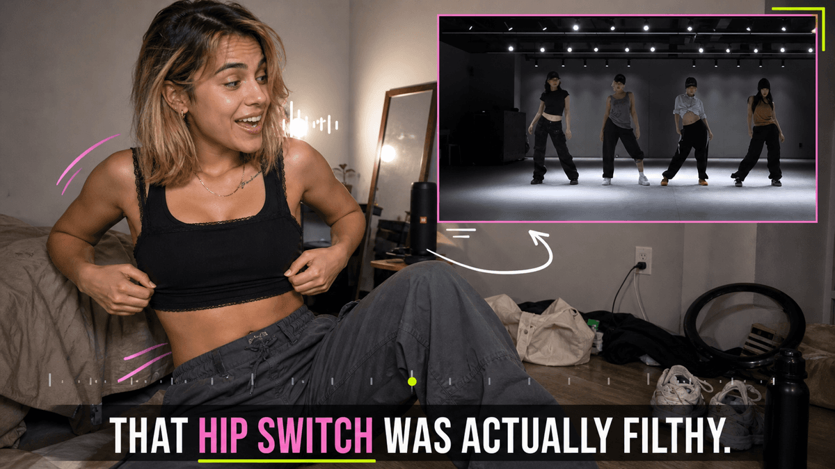 A dance educator demonstrating choreography beside a dance performance video