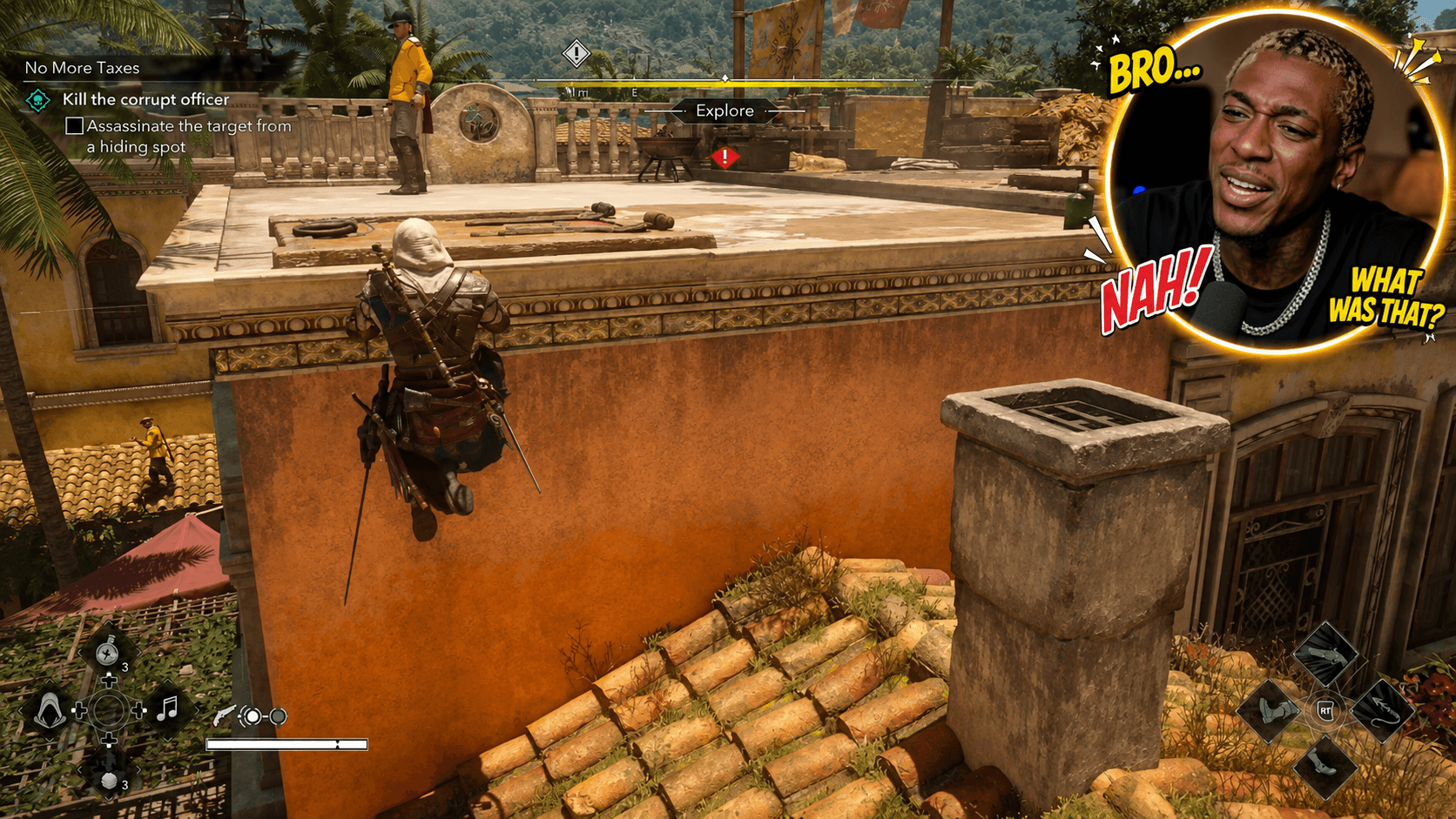 A gaming creator reacting to an unexpected rooftop moment in Assassin's Creed gameplay