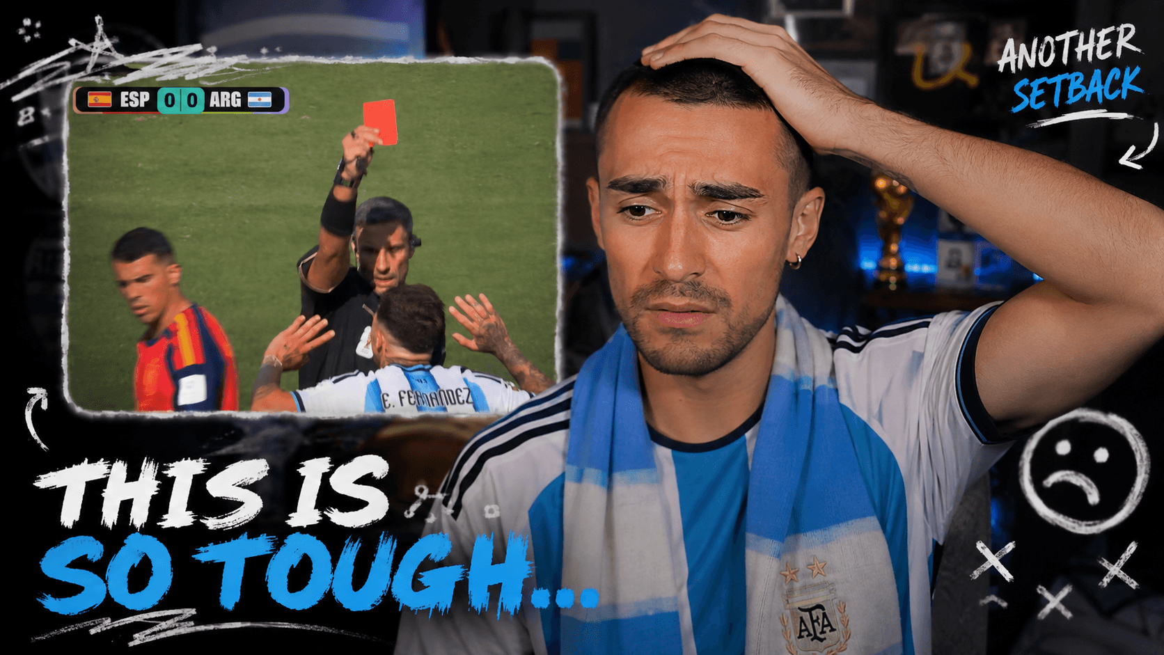 Argentina football fan reacting to a red card during a match against Spain