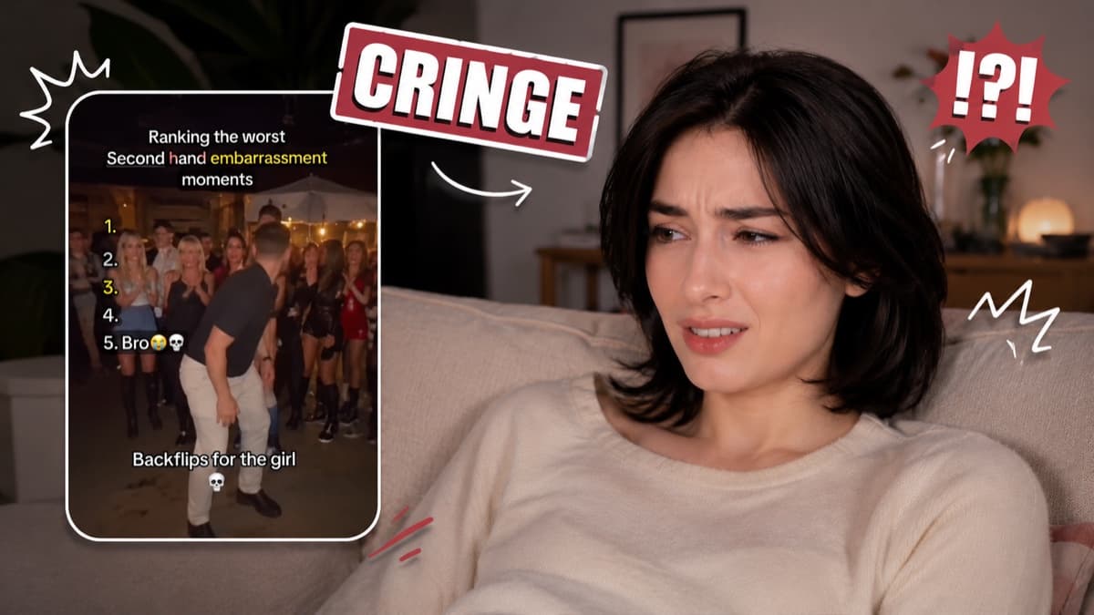A creator recoiling from a ranked second-hand embarrassment clip during a try not to cringe challenge