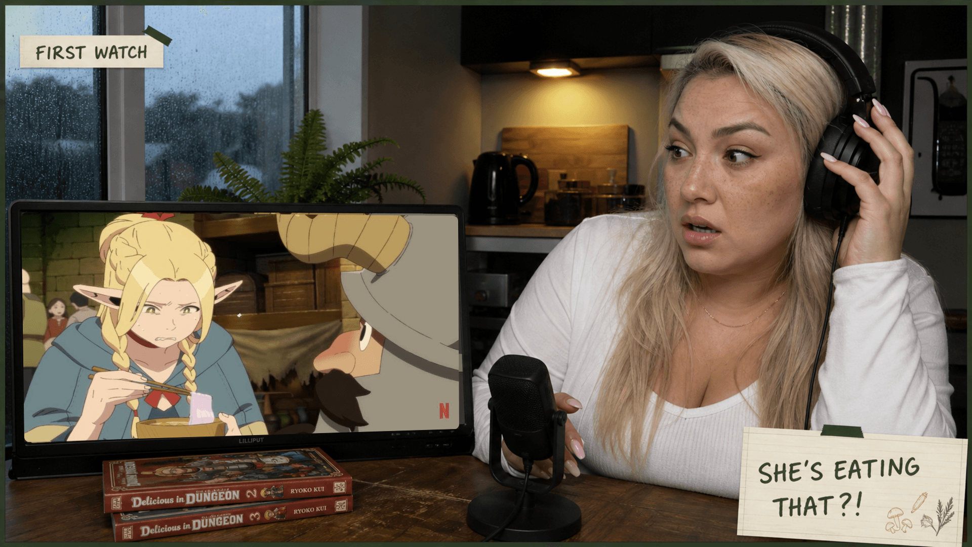 Two anime creators reacting to a One Piece scene, with a close-up reaction inset