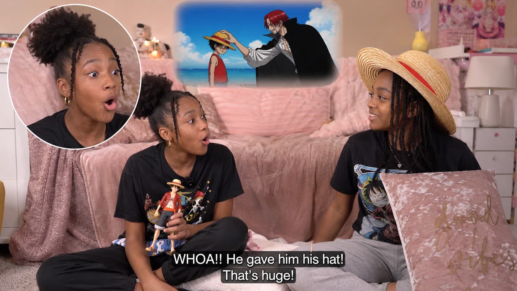 Two anime creators reacting to a One Piece scene, with a close-up reaction inset