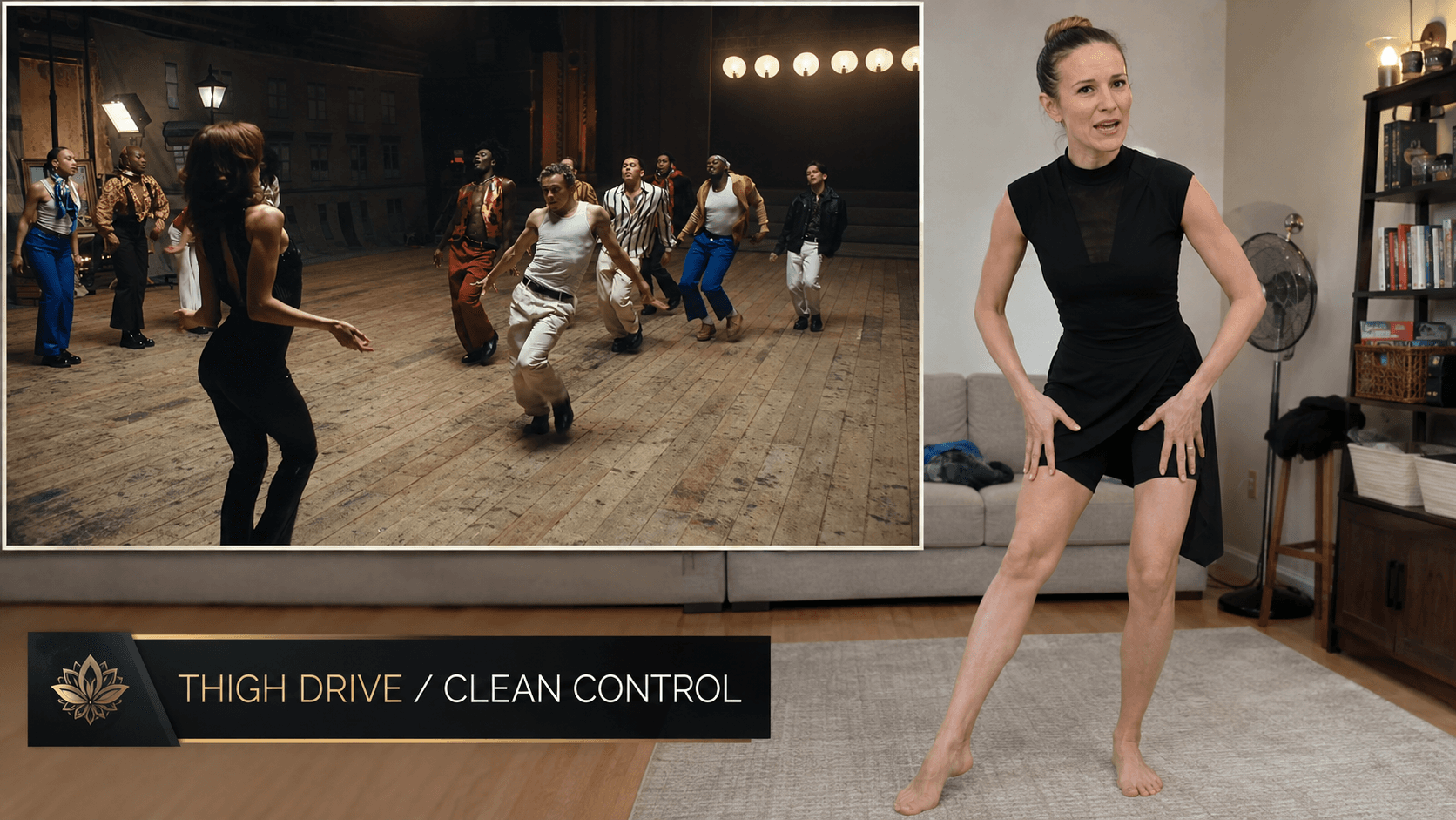 A dance educator demonstrating choreography beside a dance performance video