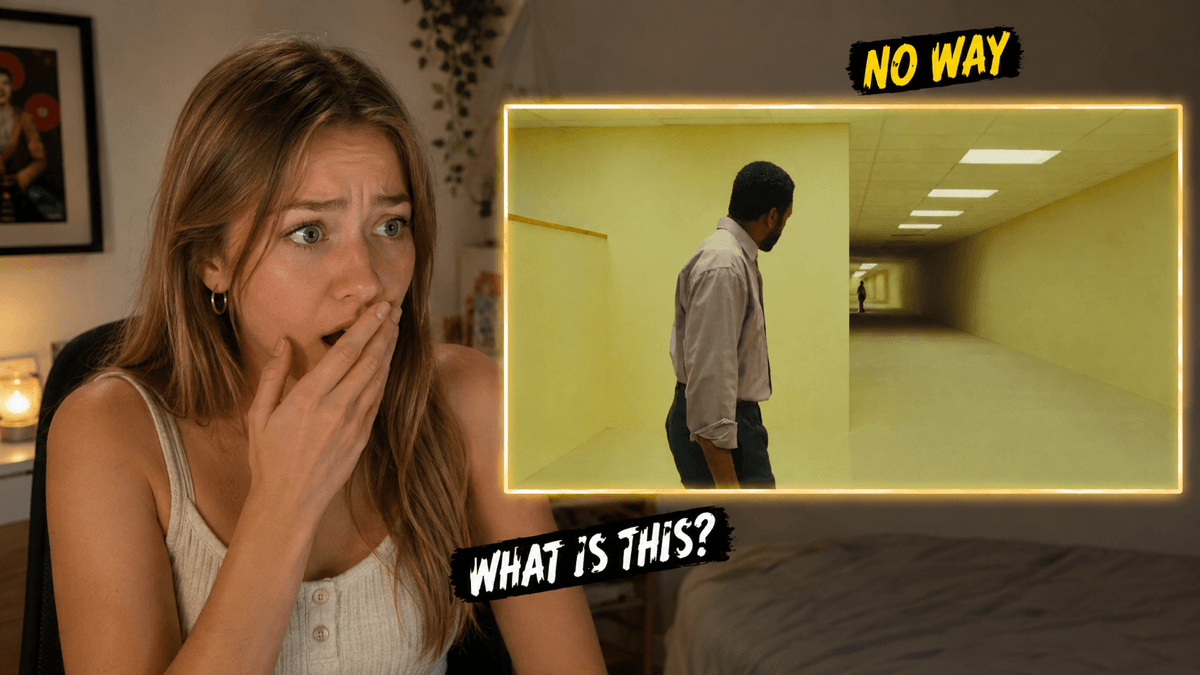 Horror reaction creator watching a figure appear in a yellow liminal hallway