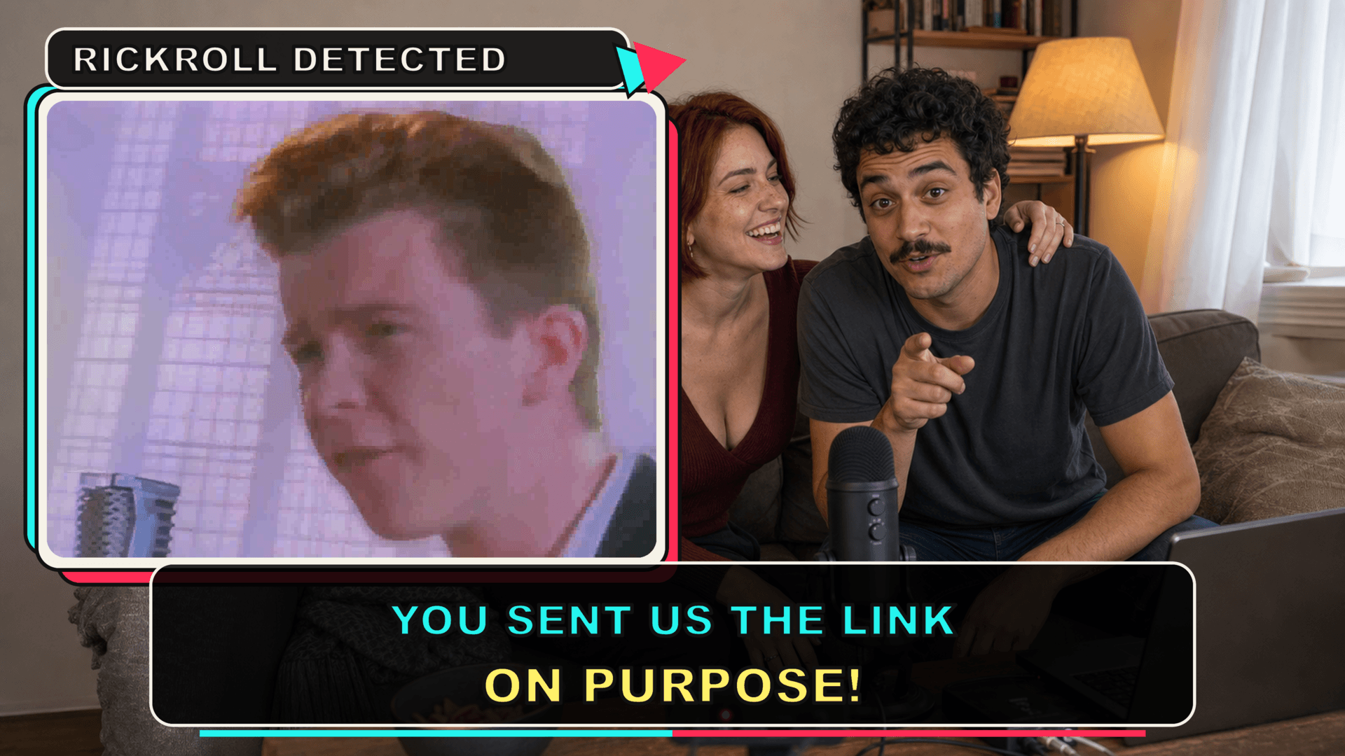 Two creators laughing beside a vertical guard-dog meme clip in a split-screen reaction layout