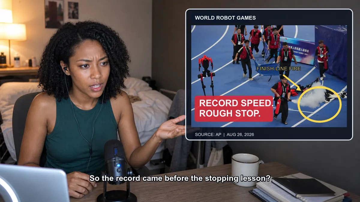News reaction layout with a breaking-news source panel and a commentator speaking from a study