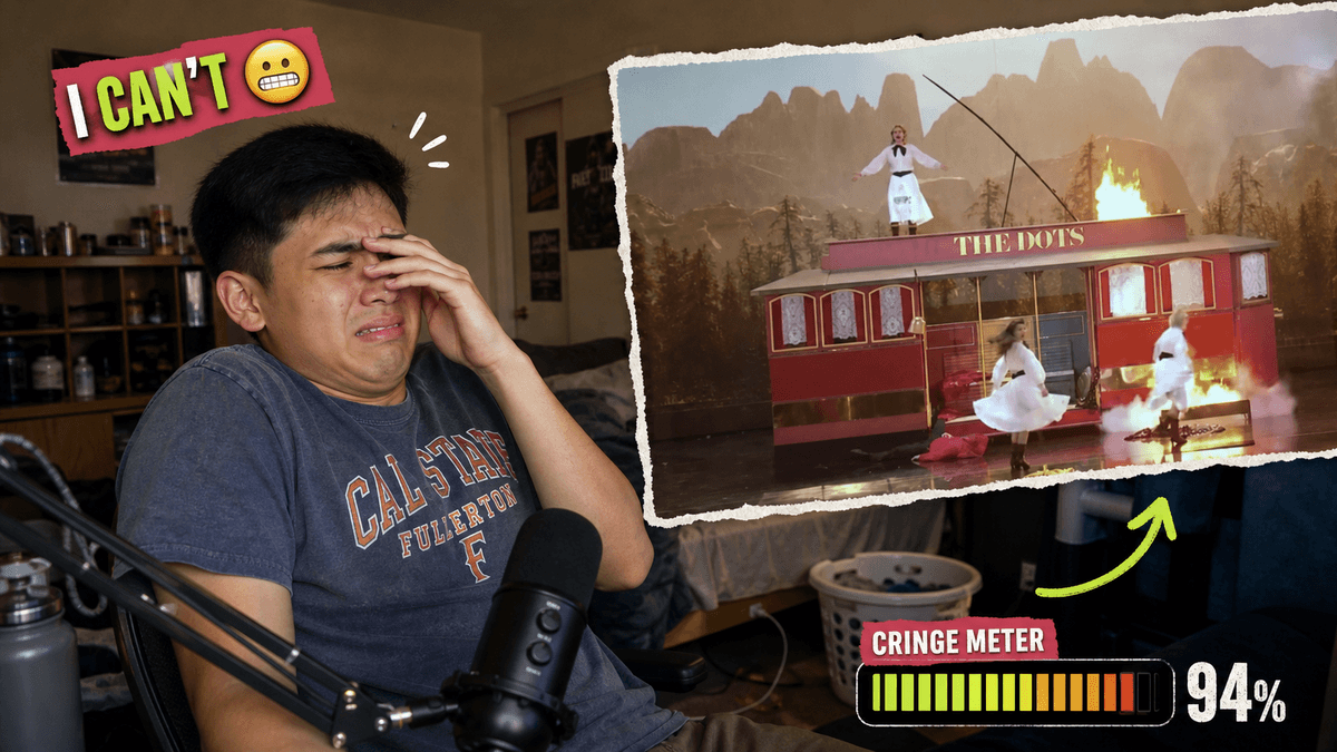 A creator recoiling from a ranked second-hand embarrassment clip during a try not to cringe challenge