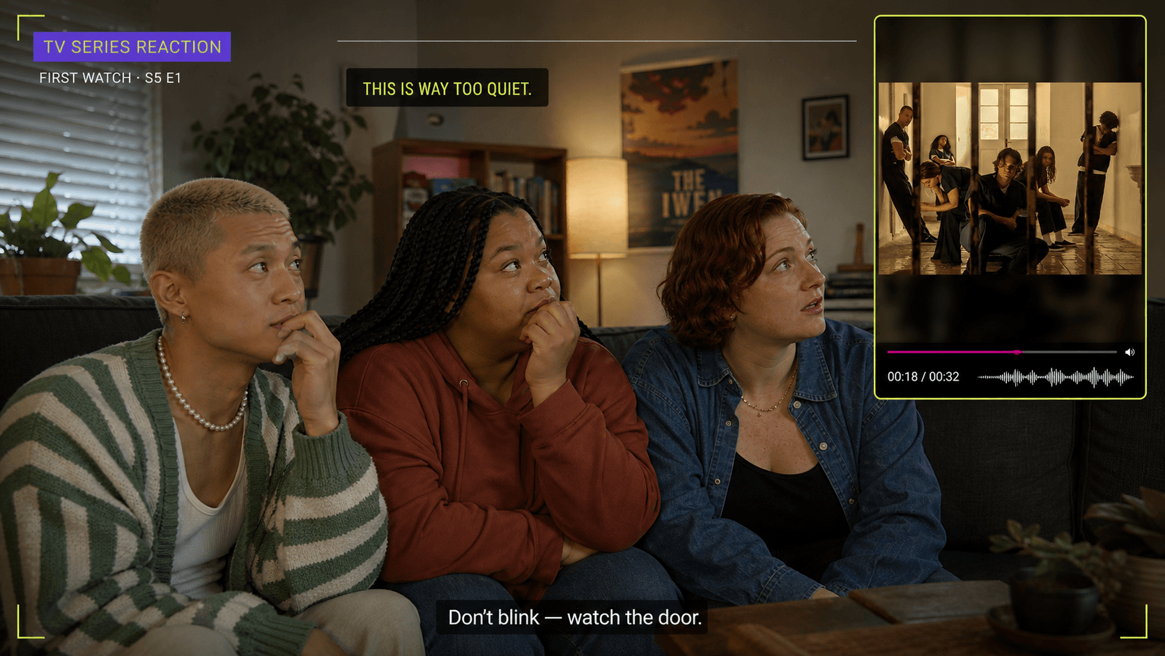 Group of four creators on a couch reacting to a TV drama episode with multiple cameras recording them in a dark studio